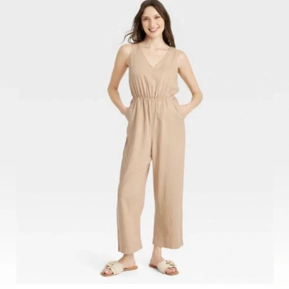 Universal Thread Women’s V-Neck Linen Jumpsuit Tan Size XL‎